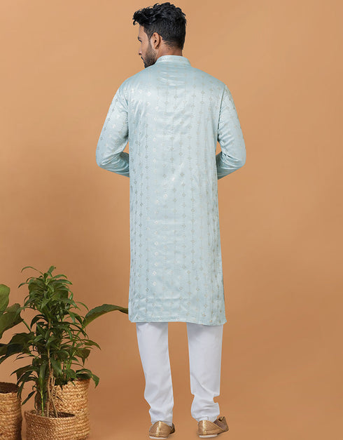 Readymade Men's Dhoti Kurta Sky Blue Kurta Semi Gaji Silk Churidar Close-up View