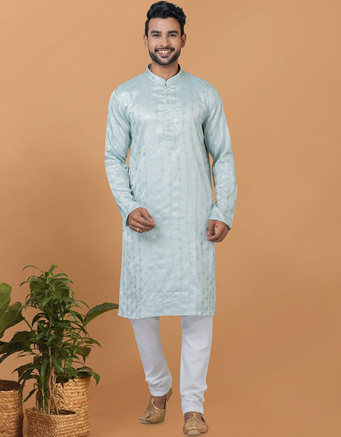 Readymade Men's Dhoti Kurta Sky Blue Kurta Semi Gaji Silk Churidar Front View