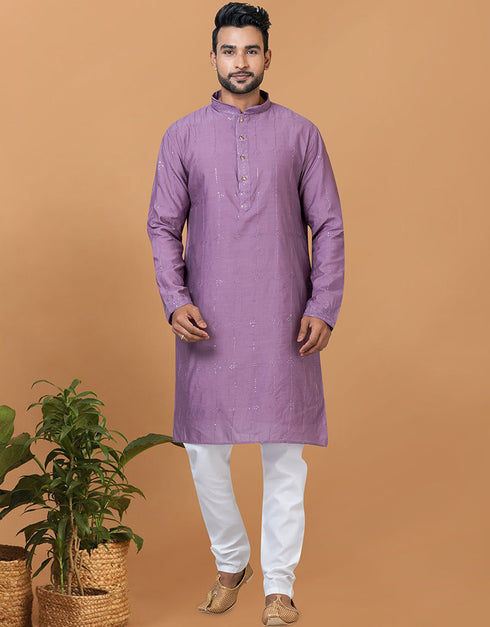 Readymade Men's Dhoti Kurta Purple Kurta Viscose Cotton Churidar Front View