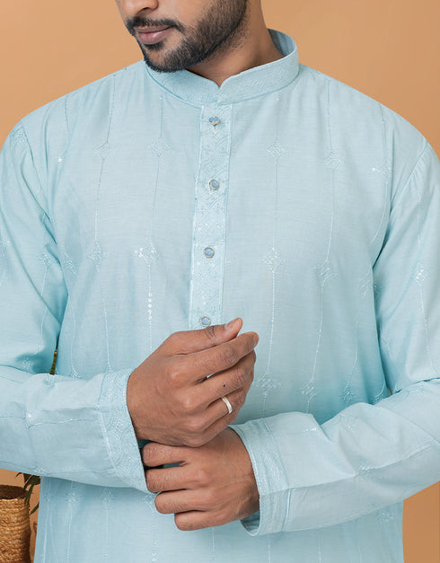 Readymade Men's Dhoti Kurta Sky Blue Kurta Viscose Cotton Churidar Back View