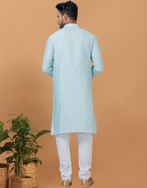 Readymade Men's Dhoti Kurta Sky Blue Kurta Viscose Cotton Churidar Close-up View