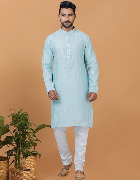 Readymade Men's Dhoti Kurta Sky Blue Kurta Viscose Cotton Churidar Front View