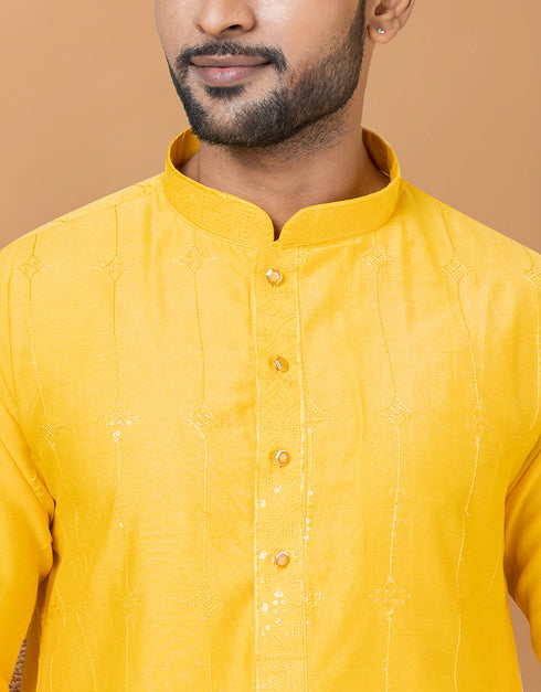 Readymade Men's Indo Western Yellow Kurta Viscose Cotton Churidar Back View
