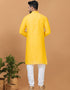 Readymade Men's Indo Western Yellow Kurta Viscose Cotton Churidar Close-up View