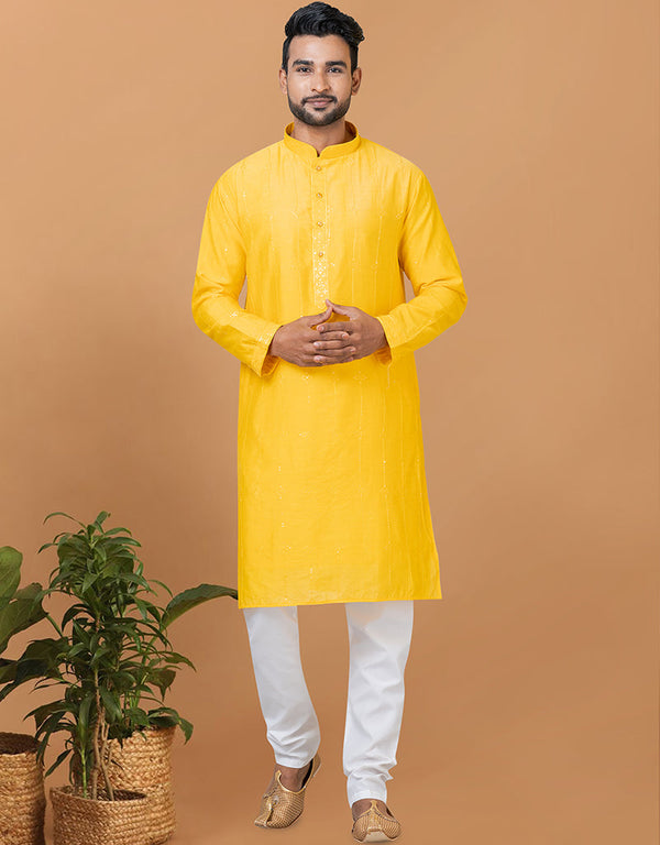 Readymade Men's Indo Western Yellow Kurta Viscose Cotton Churidar Front View