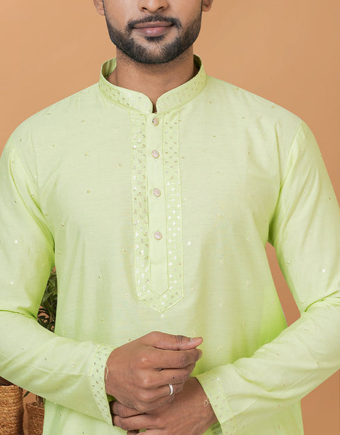 Readymade Men's Indo Western Pista Kurta Viscose Cotton Churidar Close-up View
