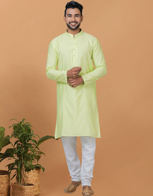 Readymade Men's Indo Western Pista Kurta Viscose Cotton Churidar Front View