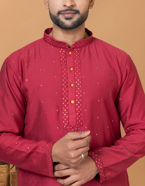 Readymade Men's Indo Western Red Kurta Viscose Cotton Churidar Close-up View