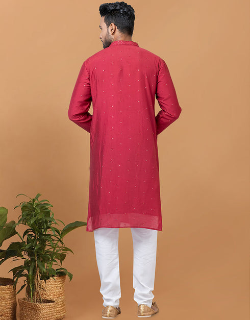 Readymade Men's Indo Western Red Kurta Viscose Cotton Churidar Back View