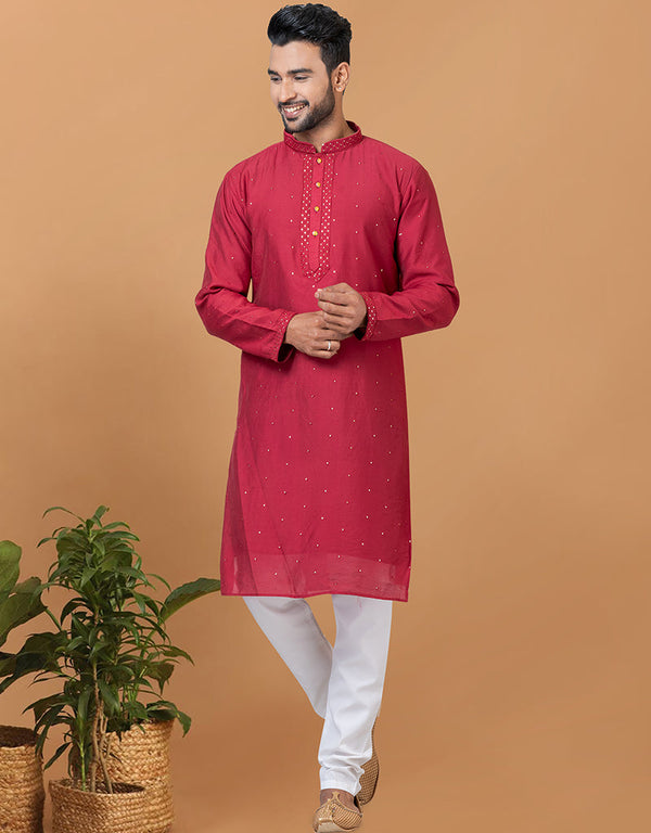 Readymade Men's Indo Western Red Kurta Viscose Cotton Churidar Front View