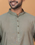Readymade Men's Indo Western Dull Green Kurta Viscose Cotton Churidar Close-up View