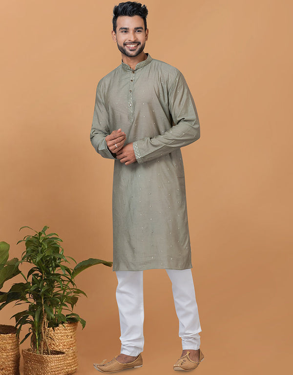 Readymade Men's Indo Western Dull Green Kurta Viscose Cotton Churidar Front View
