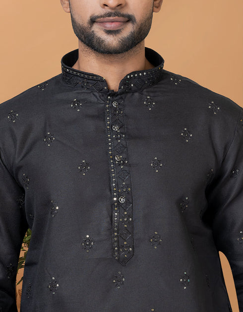 Readymade Men's Indo Western Black Kurta Poly Cotton Churidar Back View