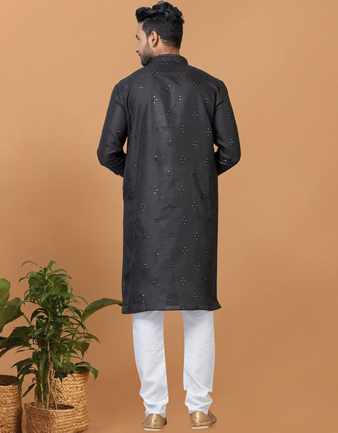 Readymade Men's Indo Western Black Kurta Poly Cotton Churidar Close-up View