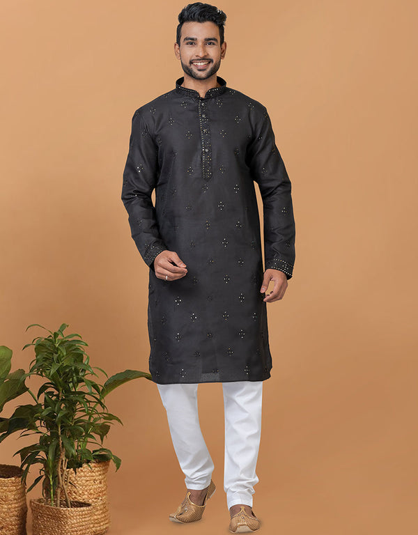 Readymade Men's Indo Western Black Kurta Poly Cotton Churidar Front View
