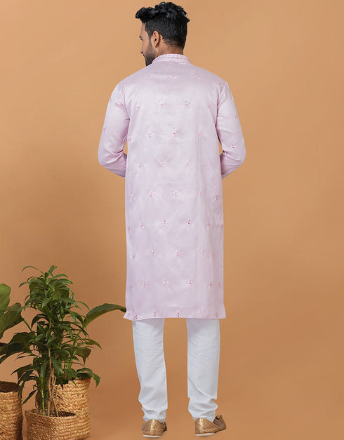 Readymade Men's Indo Western Light Pink Kurta Silk Churidar Close-up View