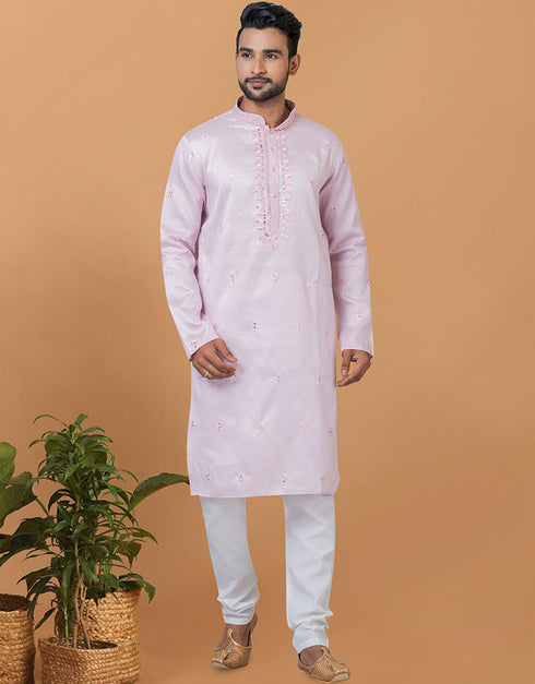 Readymade Men's Indo Western Light Pink Kurta Silk Churidar Front View