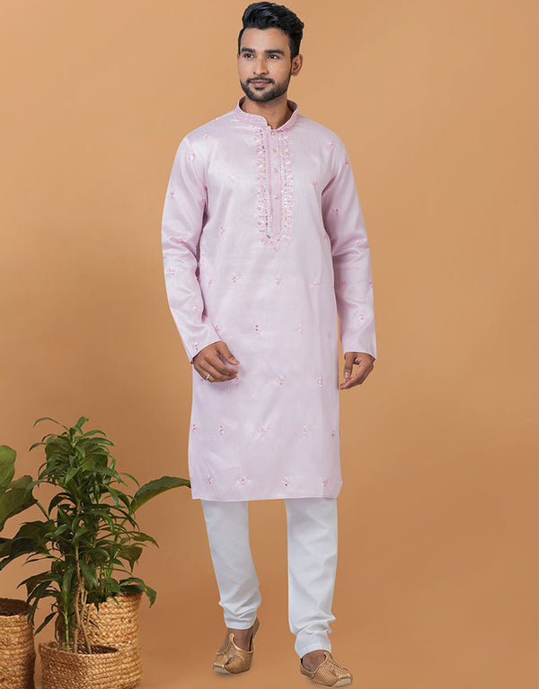 Readymade Men's Indo Western Light Pink Kurta Silk Churidar Front View