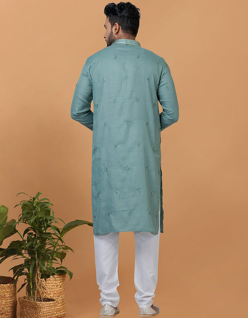 Readymade Men's Dhoti Kurta Blue Kurta Poly Cotton Churidar Close-up View