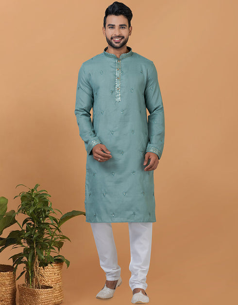 Readymade Men's Dhoti Kurta Blue Kurta Poly Cotton Churidar Front View