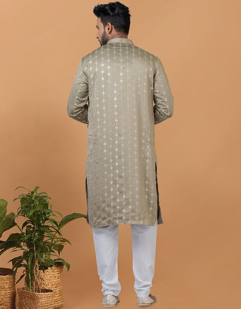 Readymade Men's Kurta Pyjama Dull Green Kurta Semi Gaji Silk Churidar Back View