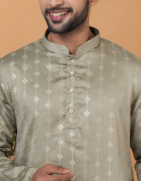 Readymade Men's Kurta Pyjama Dull Green Kurta Semi Gaji Silk Churidar Close-up View