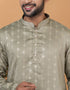 Readymade Men's Kurta Pyjama Dull Green Kurta Semi Gaji Silk Churidar Close-up View