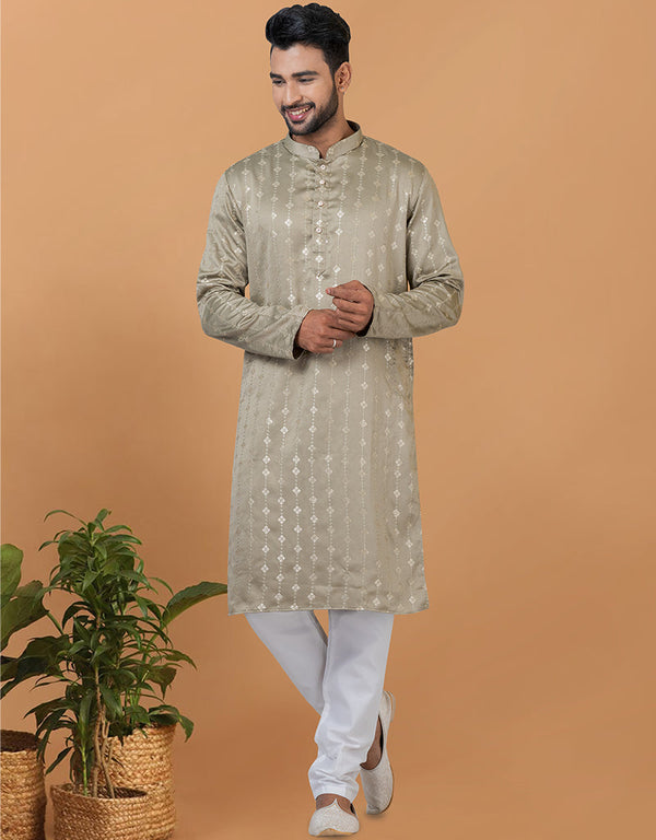 Readymade Men's Kurta Pyjama Dull Green Kurta Semi Gaji Silk Churidar Front View