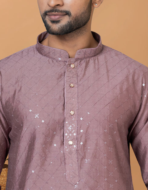 Readymade Men's Kurta Pyjama Mauve Kurta Viscose Cotton Churidar Close-up View