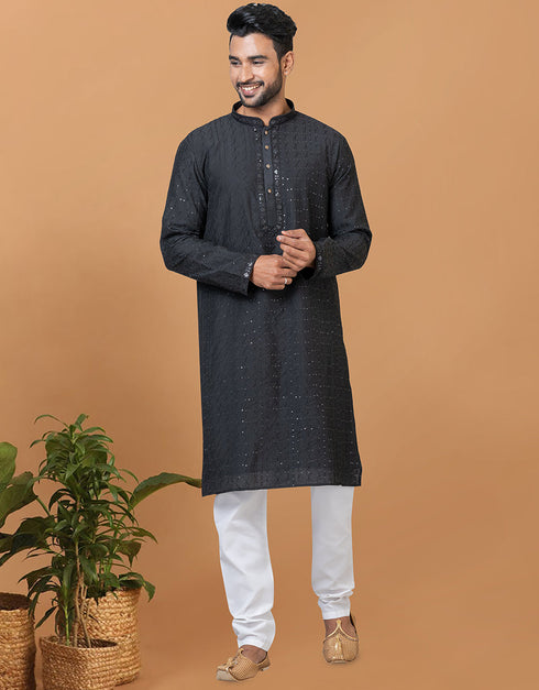 Readymade Men's Kurta Pyjama Black Kurta Viscose Cotton Churidar Front View