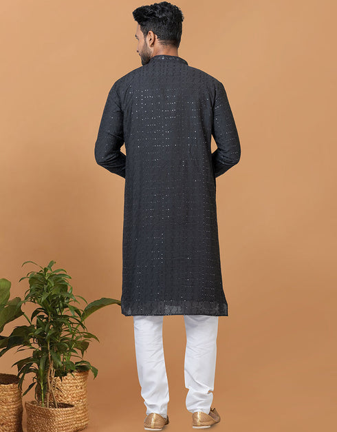 Readymade Men's Kurta Pyjama Black Kurta Viscose Cotton Churidar Back View