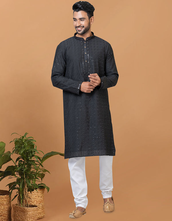 Readymade Men's Kurta Pyjama Black Kurta Viscose Cotton Churidar Front View