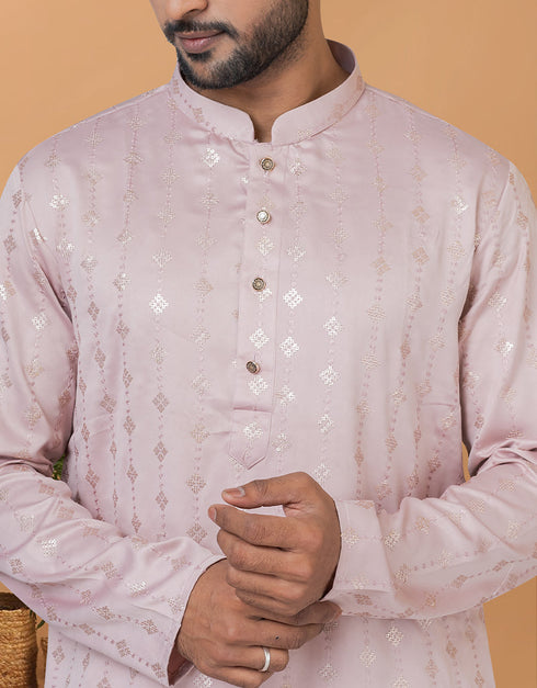 Readymade Men's Kurta Pyjama Pink Kurta Semi Gaji Silk Churidar Close-up View