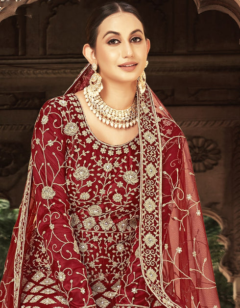 Maroon Anarkali style Anarkali Semi-Stitched Suits Salwar Kameez in Heavy Cording Embroidery, Zarkan Daimond & Lace Work Closure View Embroidery Back side View