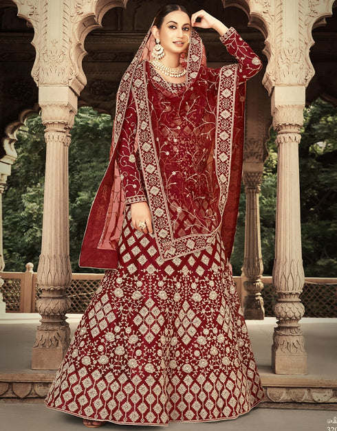 Maroon Anarkali style Anarkali Semi-Stitched Suits Salwar Kameez in Heavy Cording Embroidery, Zarkan Daimond & Lace Work Closure View