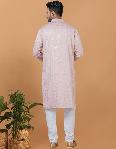 Readymade Men's Kurta Pyjama Pink Kurta Semi Gaji Silk Churidar Back View