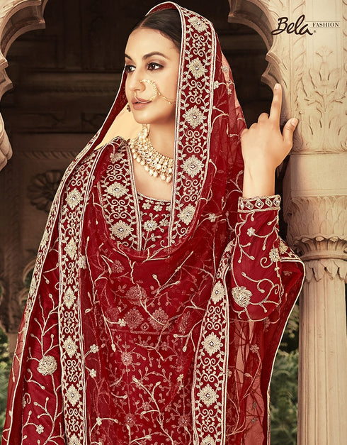 Maroon Anarkali style Anarkali Semi-Stitched Suits Salwar Kameez in Heavy Cording Embroidery, Zarkan Daimond & Lace Work Closure View Embroidery