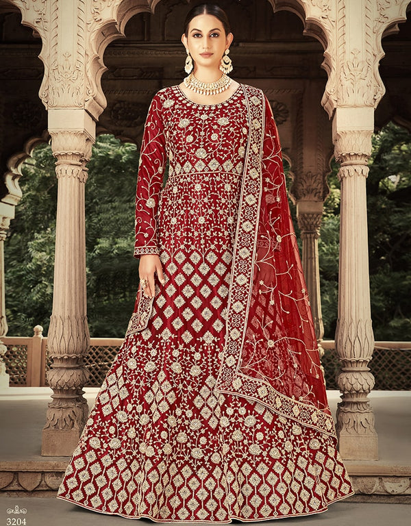 Maroon Anarkali style Anarkali Semi-Stitched Suits Salwar Kameez in Heavy Cording Embroidery, Zarkan Daimond & Lace Work