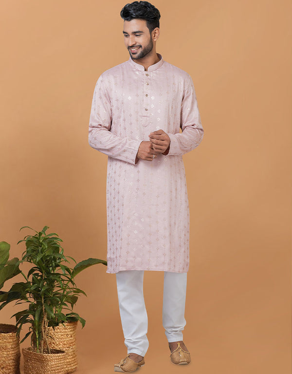 Readymade Men's Kurta Pyjama Pink Kurta Semi Gaji Silk Churidar Front View