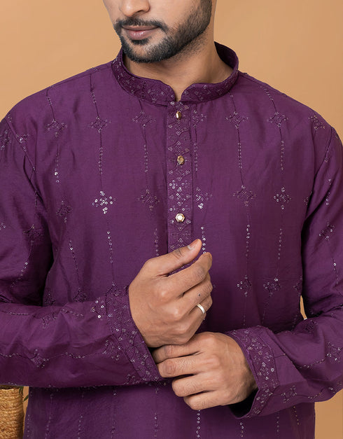 Readymade Men's Kurta Pyjama Purple Kurta Viscose Cotton Churidar Close-up View