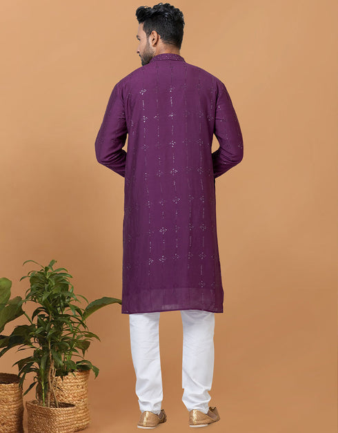 Readymade Men's Kurta Pyjama Purple Kurta Viscose Cotton Churidar Back View
