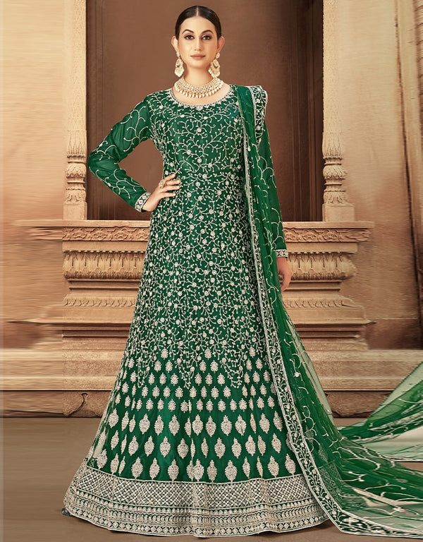 Green Anarkali style Anarkali Semi-Stitched Suits Salwar Kameez in Heavy Cording Embroidery, Zarkan Daimond & Lace Work