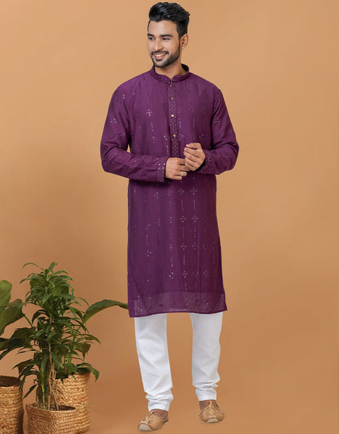 Readymade Men's Kurta Pyjama Purple Kurta Viscose Cotton Churidar Front View