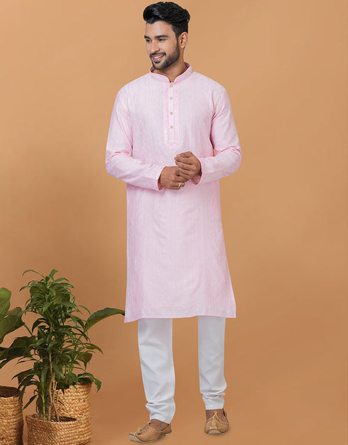 Readymade Men's Kurta Pyjama Light Pink Kurta Viscose Cotton Churidar Front View