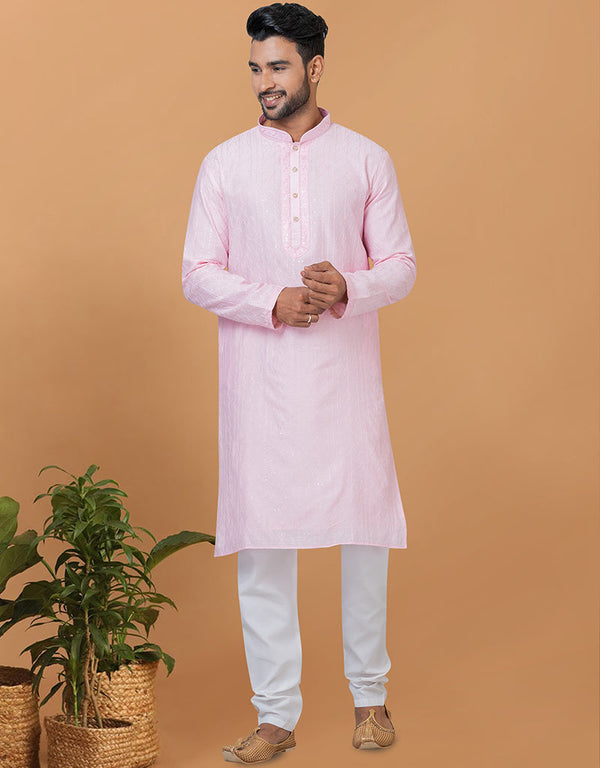 Readymade Men's Kurta Pyjama Light Pink Kurta Viscose Cotton Churidar Front View
