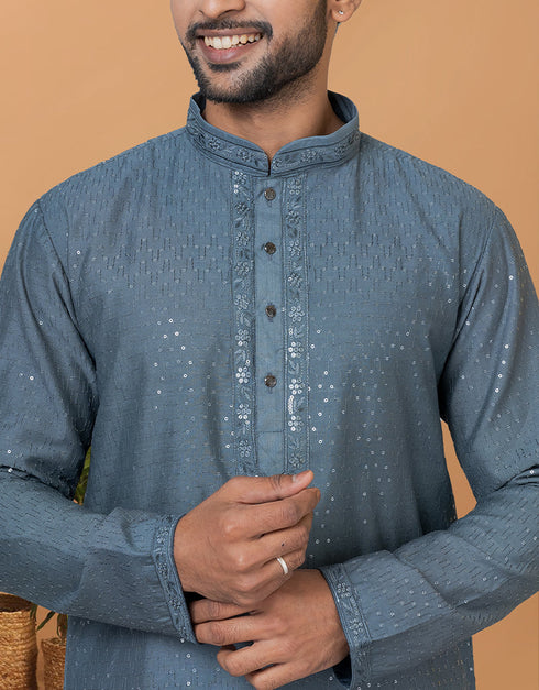 Readymade Men's Kurta Pyjama Dull Grey Blue Kurta Viscose Cotton Churidar Close-up View