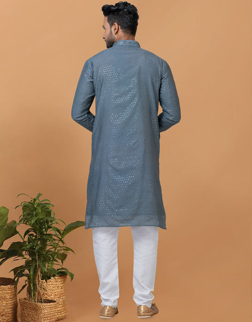 Readymade Men's Kurta Pyjama Dull Grey Blue Kurta Viscose Cotton Churidar Back View