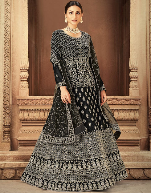 Black Anarkali style Anarkali Semi-Stitched Suits Salwar Kameez in Heavy Cording Embroidery, Zarkan Daimond & Lace Work