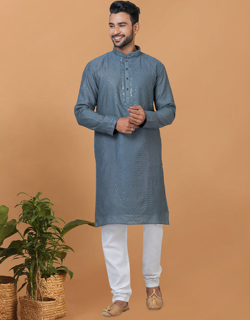 Readymade Men's Kurta Pyjama Dull Grey Blue Kurta Viscose Cotton Churidar Front View