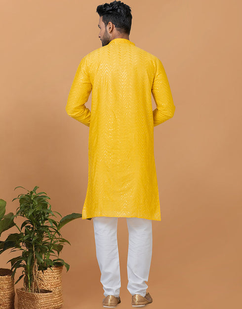 Readymade Men's Kurta Pyjama Yellow Kurta Viscose Cotton Churidar Back View